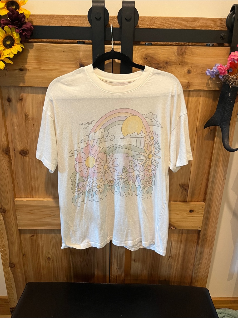 American Eagle Outfitters White Graphic Tee with Pastel Rainbow